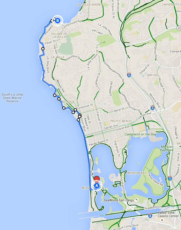 Mission Beach to La Jolla bike route